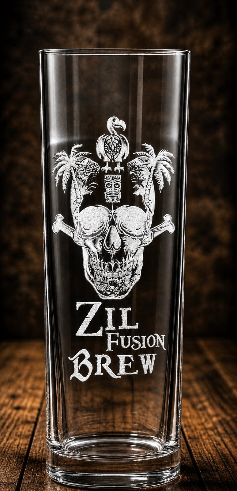 Verre longdrink gravé ZilFusion Brew — fond bois