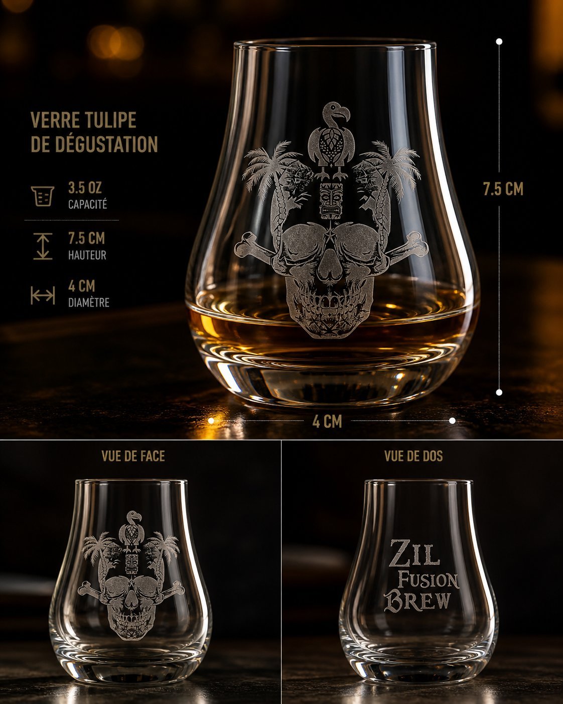 Verre tulipe dégustation ZilFusion Brew — gravure laser rhum whisky